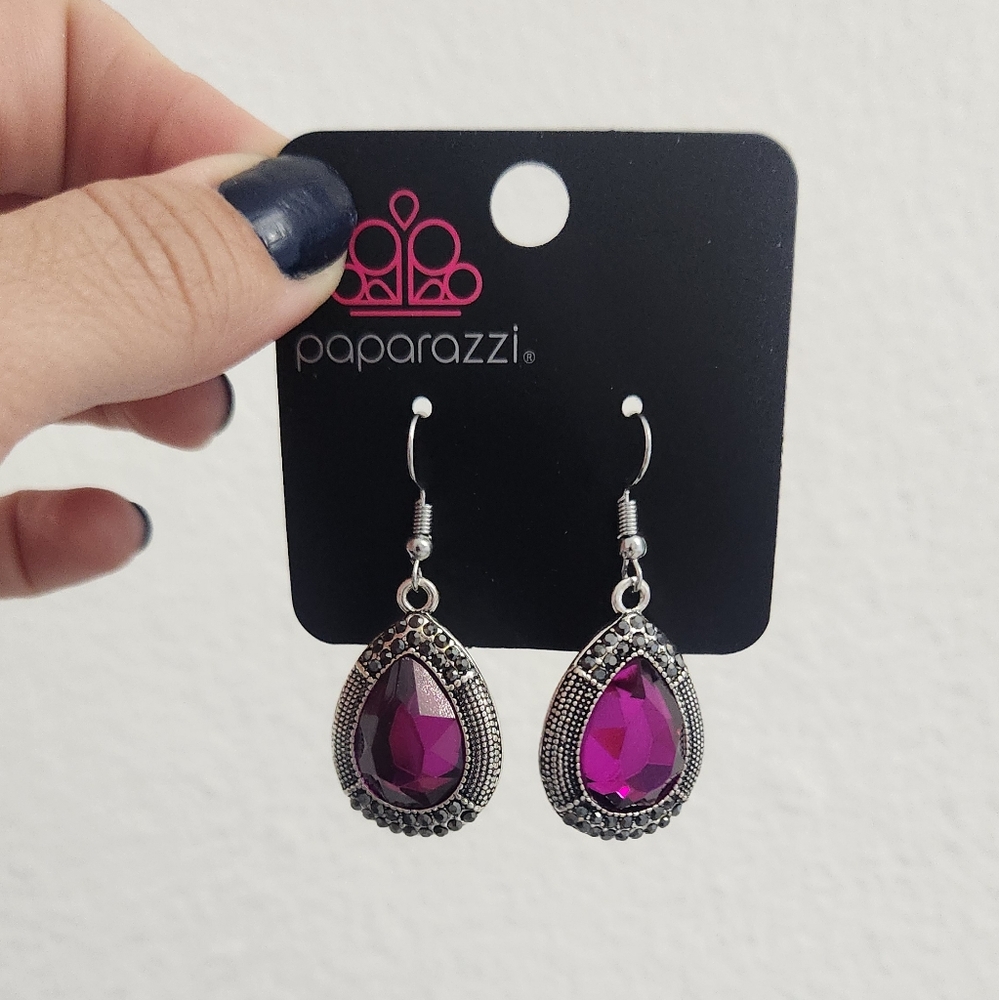 Paparazzi Magenta Teardrop Earrings Silver Setting Purple Crystal Dangle - Picture 3 of 9